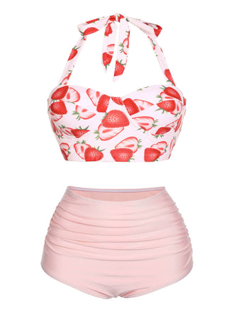 50er Erdbeeren Neckholder Bikini Set mit Schnürung und Raffung