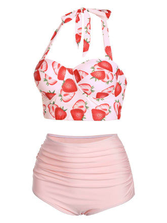 50er Erdbeeren Neckholder Bikini Set mit Schnürung und Raffung