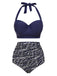 Blau 1940er Geometry Pleated Halter Badeanzug