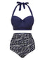 Blau 1940er Geometry Pleated Halter Badeanzug