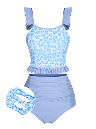 2PCS Blau 1940er Leopard Patchwork Badeanzug
