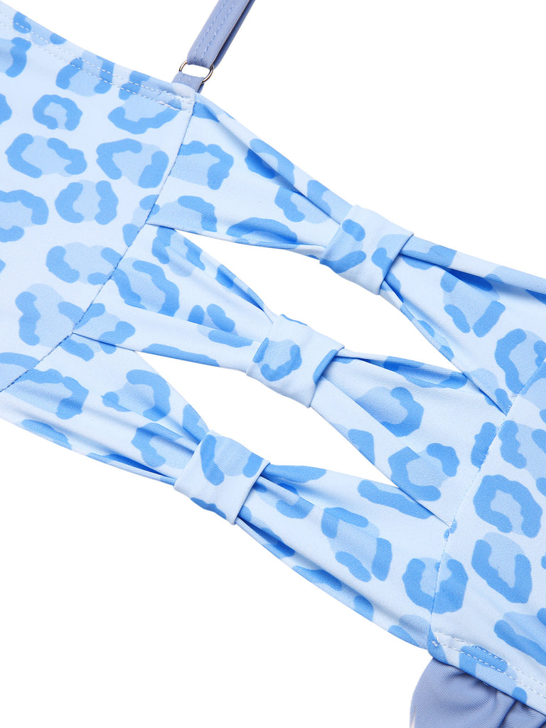 2PCS Blau 1940er Leopard Patchwork Badeanzug