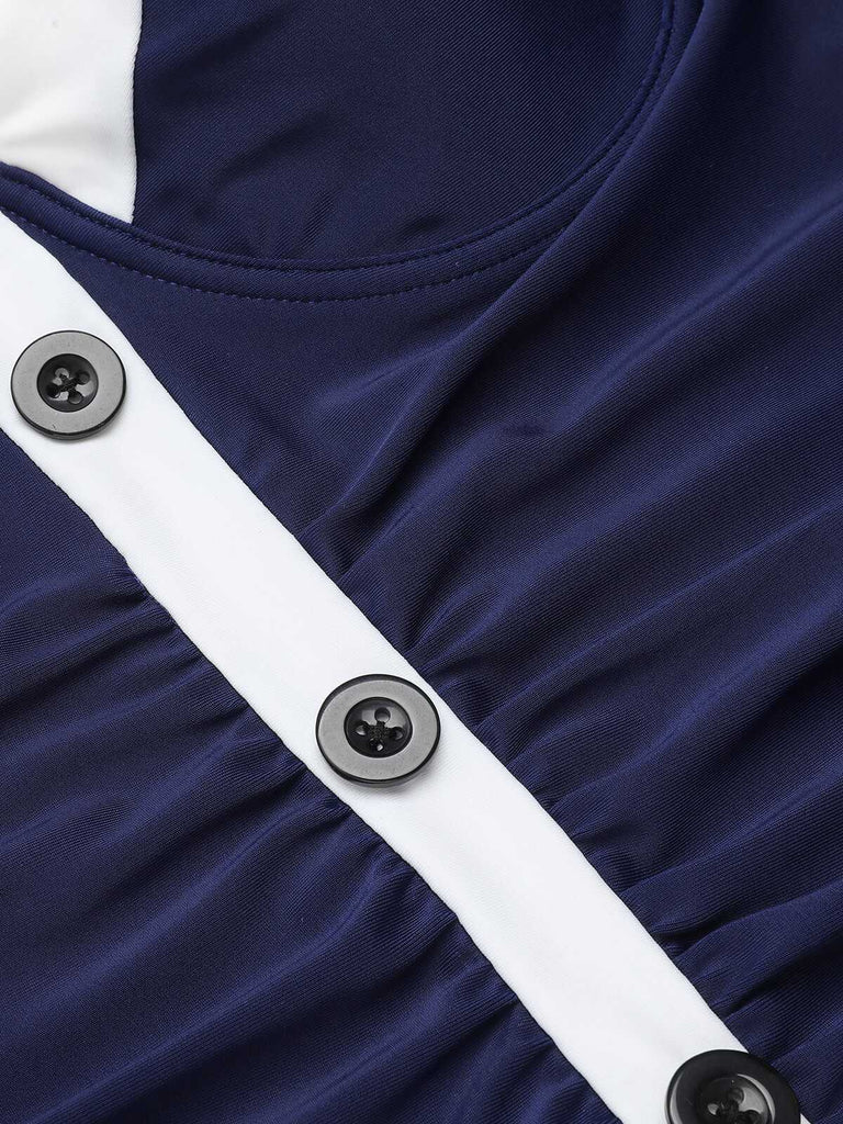 Marineblau 1950er Falten Halter Badeanzug