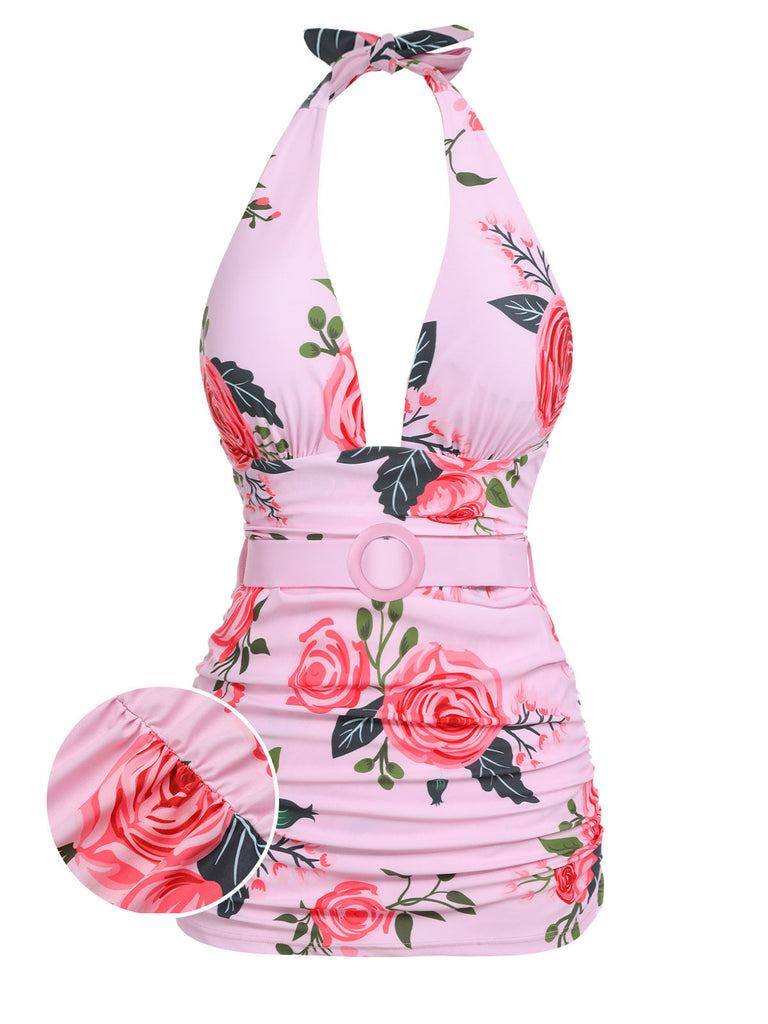 [Übergröße] Rosa 1930er Rosen Halter Gürtel Badeanzug