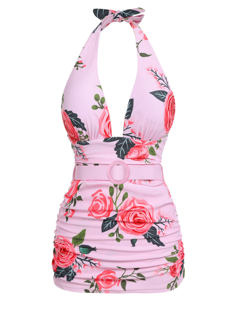 [Übergröße] Rosa 1930er Rosen Halter Gürtel Badeanzug