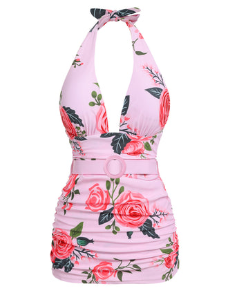 [Übergröße] Rosa 1930er Rosen Halter Gürtel Badeanzug