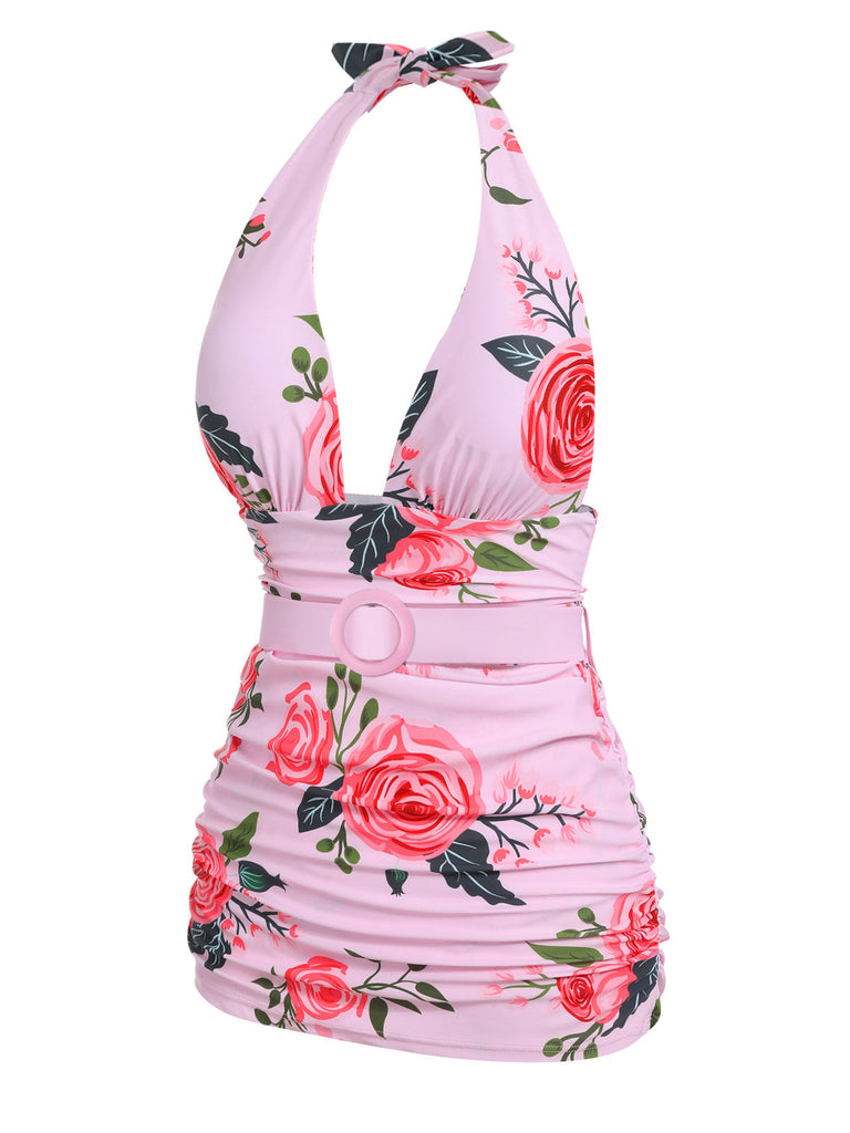 [Übergröße] Rosa 1930er Rosen Halter Gürtel Badeanzug