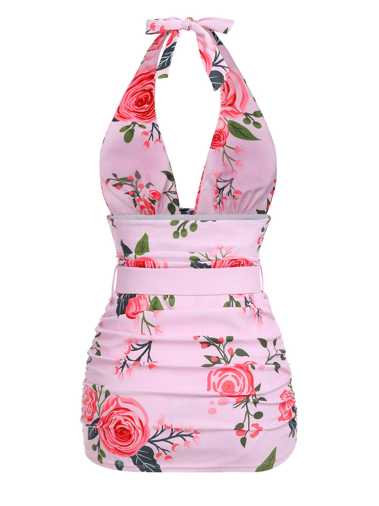 [Übergröße] Rosa 1930er Rosen Halter Gürtel Badeanzug