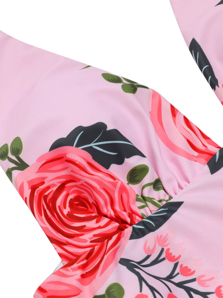 [Übergröße] Rosa 1930er Rosen Halter Gürtel Badeanzug