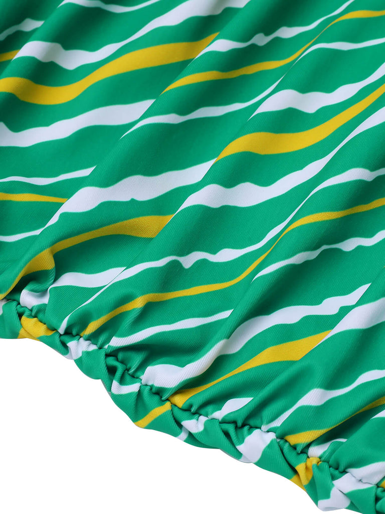 Grüner 1930er Streifen Badeanzug Mit Haltegriff