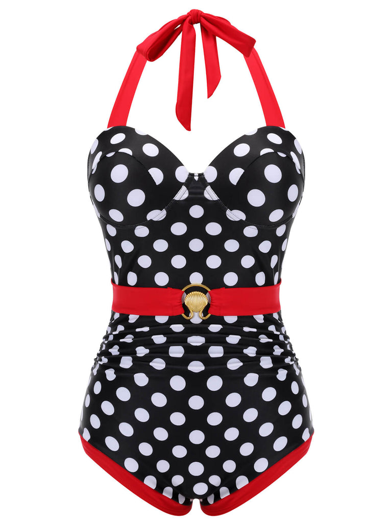 Schwarzer & roter 1950er Dots Halter Badeanzug