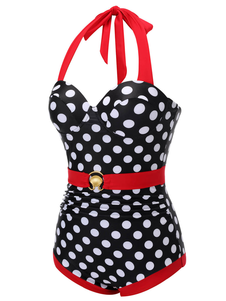 Schwarzer & roter 1950er Dots Halter Badeanzug