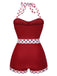 Roter 1940er Halter Patchwork Einteiliger Badeanzug