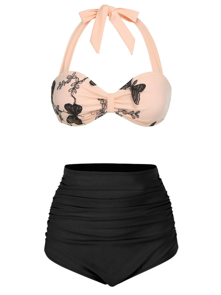 Schwarzer 1950er Halfter Schmetterling Badeanzug