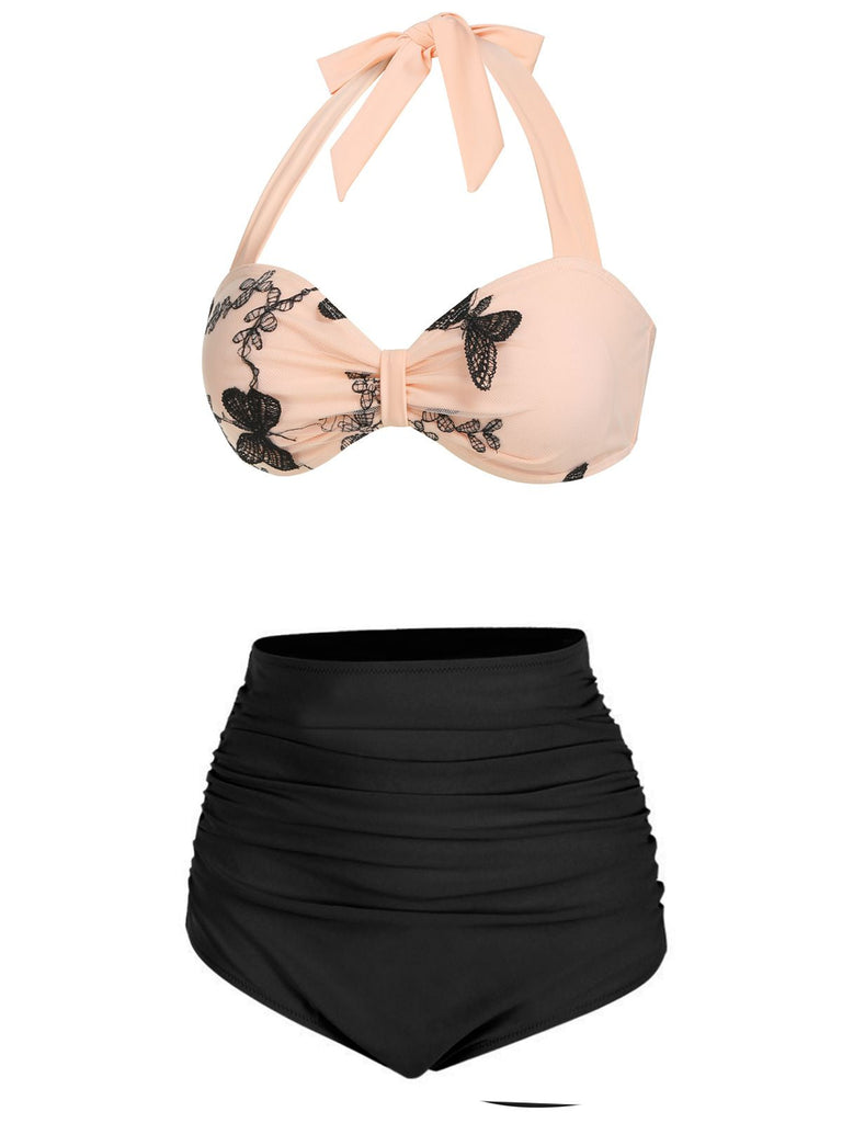 Schwarzer 1950er Halfter Schmetterling Badeanzug