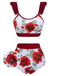 Roter 1940er Blumen Rüschen Badeanzug