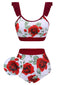 Roter 1940er Blumen Rüschen Badeanzug