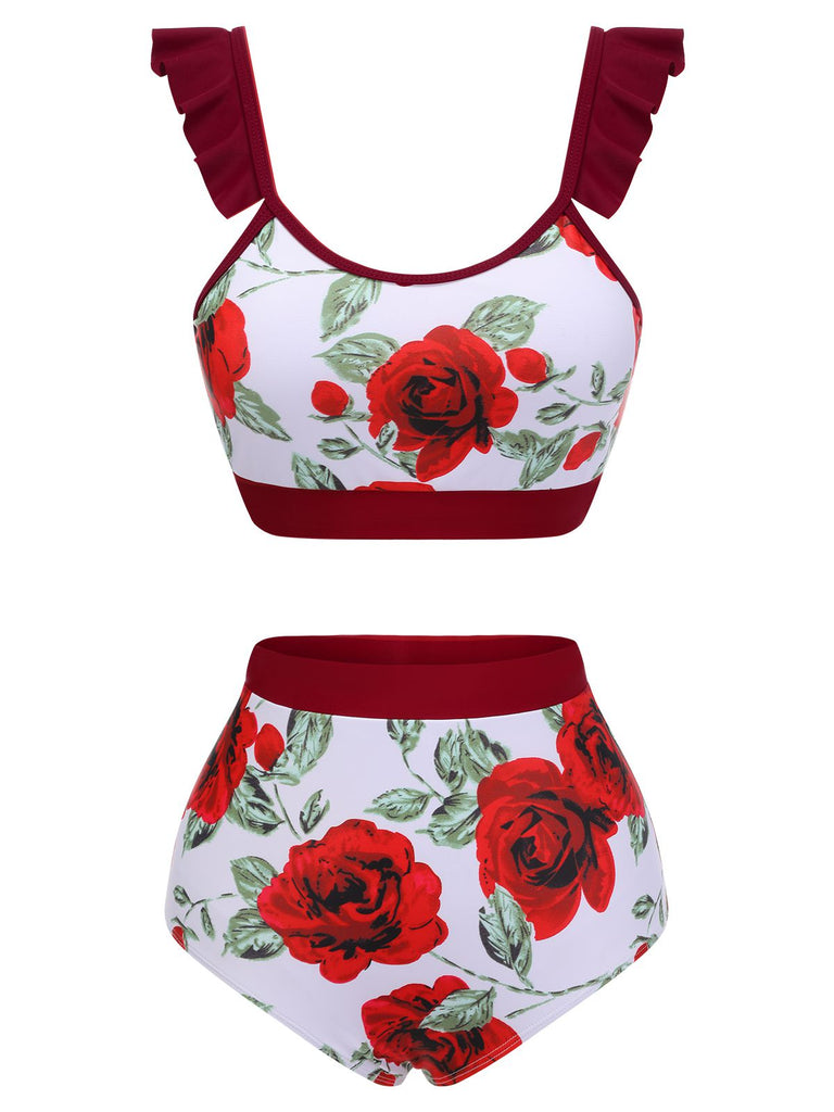 Roter 1940er Blumen Rüschen Badeanzug