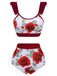 Roter 1940er Blumen Rüschen Badeanzug