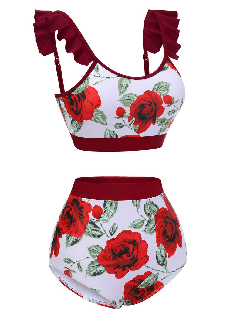 Roter 1940er Blumen Rüschen Badeanzug