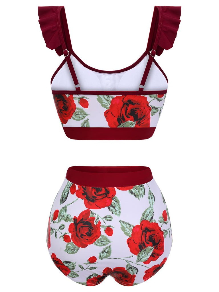 Roter 1940er Blumen Rüschen Badeanzug