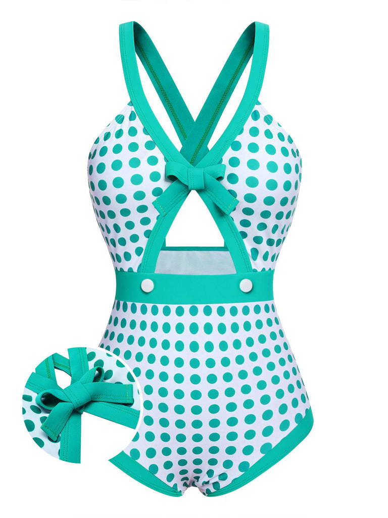 Grüner 1940er Polka Dot Bowknot Einteiliger Badeanzug