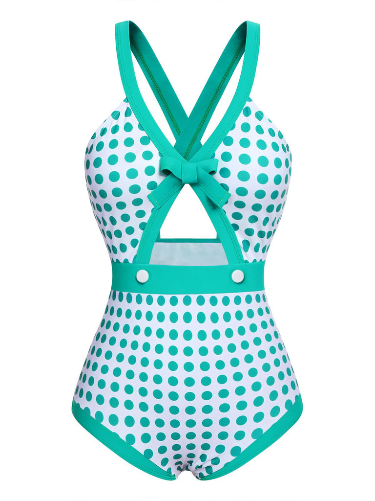 Grüner 1940er Polka Dot Bowknot Einteiliger Badeanzug