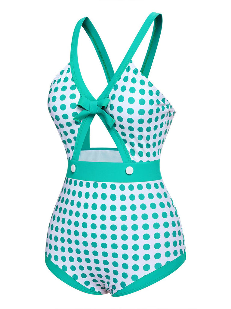 Grüner 1940er Polka Dot Bowknot Einteiliger Badeanzug