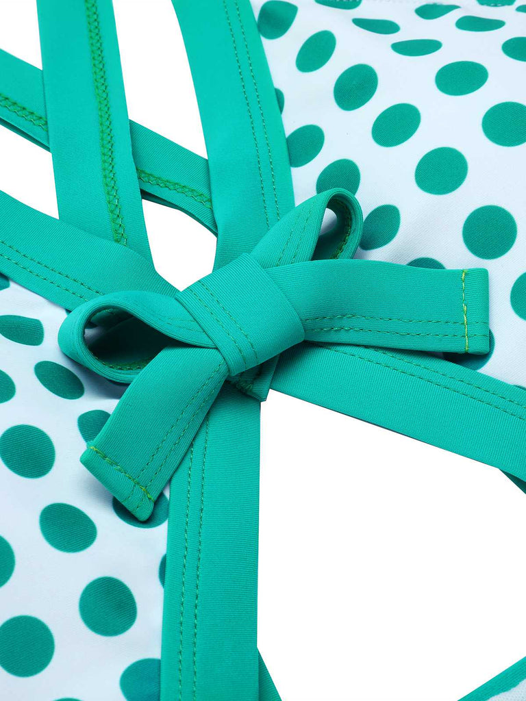 Grüner 1940er Polka Dot Bowknot Einteiliger Badeanzug