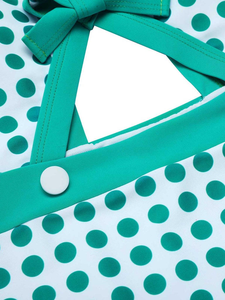 Grüner 1940er Polka Dot Bowknot Einteiliger Badeanzug