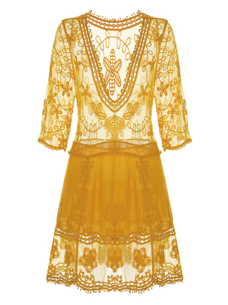 Gelb 1960er Spitze Häkeln Ausschnitt Cover Up