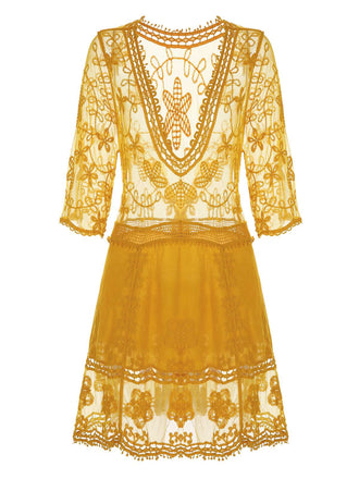 Gelb 1960er Spitze Häkeln Ausschnitt Cover Up