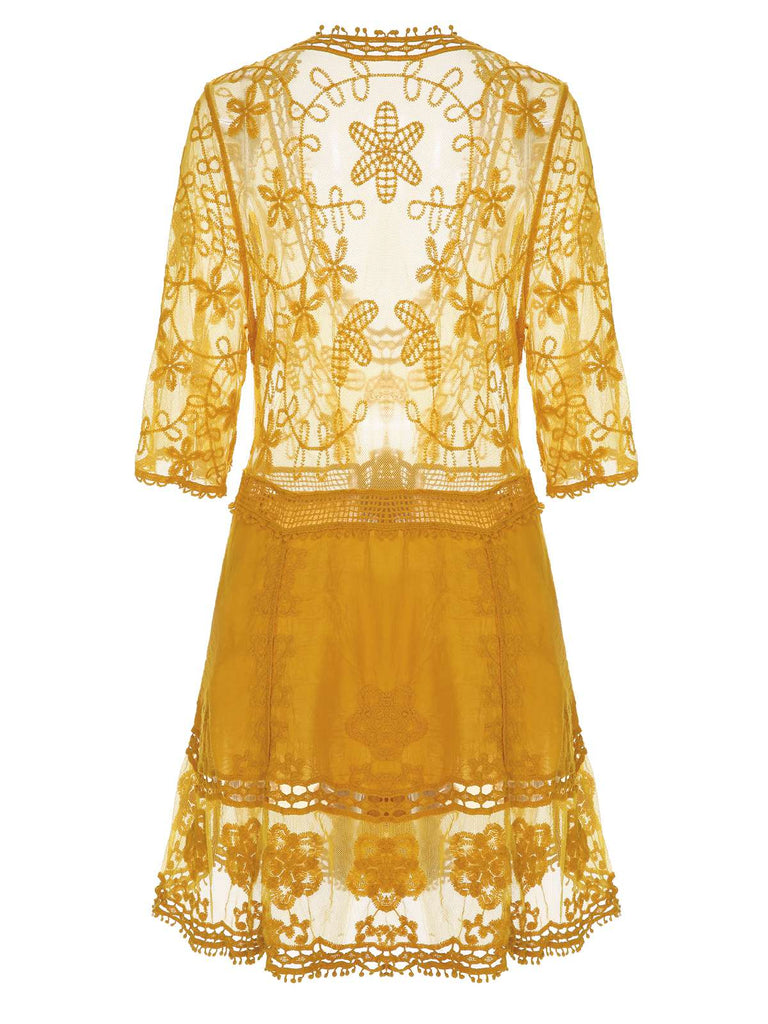 Gelb 1960er Spitze Häkeln Ausschnitt Cover Up