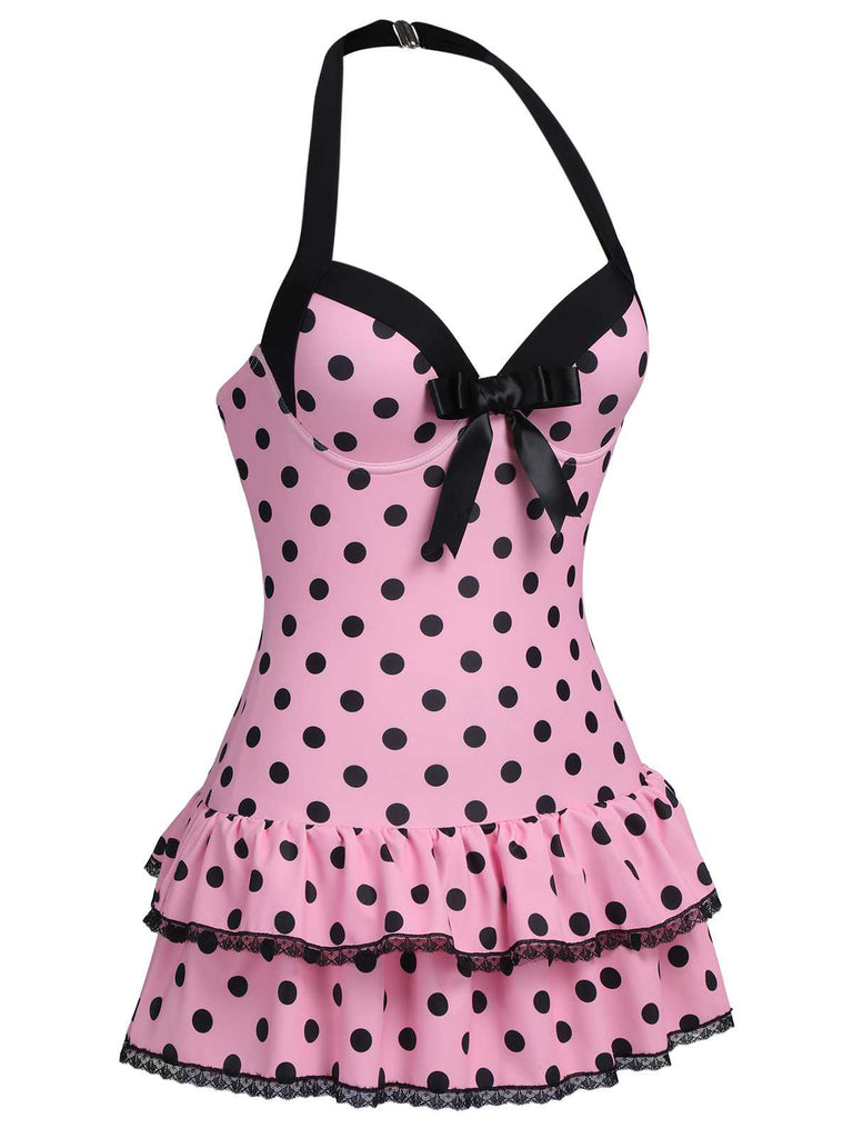 Rosa 1940er Halter Polka Dots Schleife Einteiliger Badeanzug