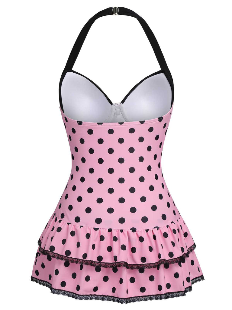 Rosa 1940er Halter Polka Dots Schleife Einteiliger Badeanzug