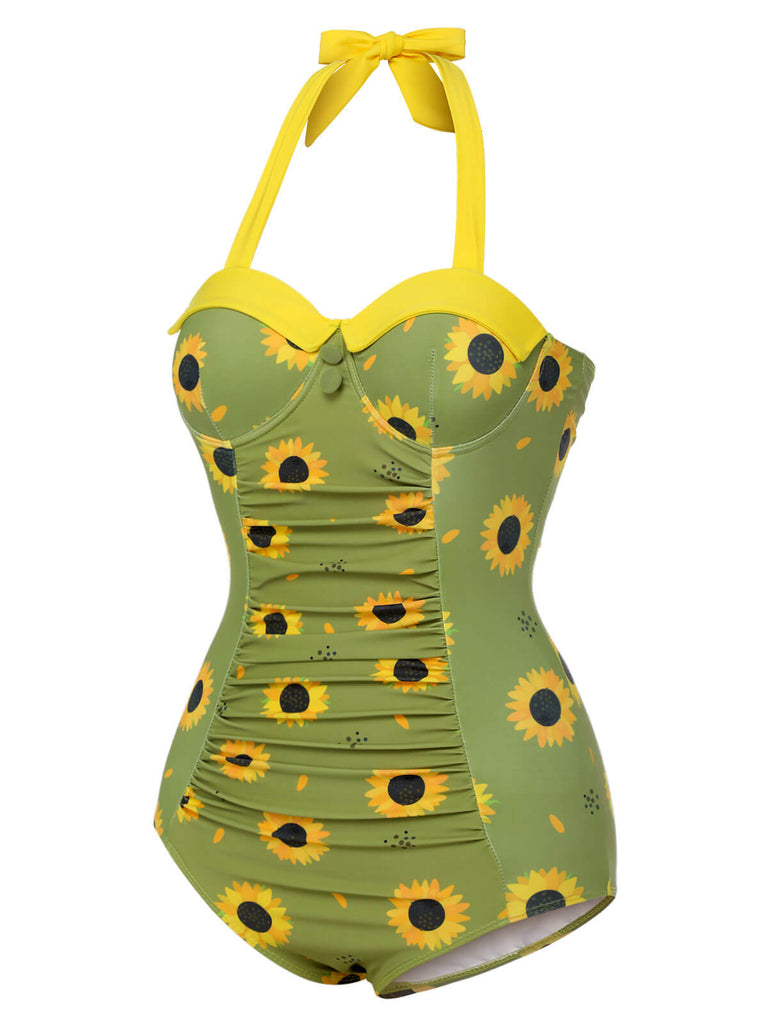 Grün 1930er Sonnenblumen Halter Badeanzug