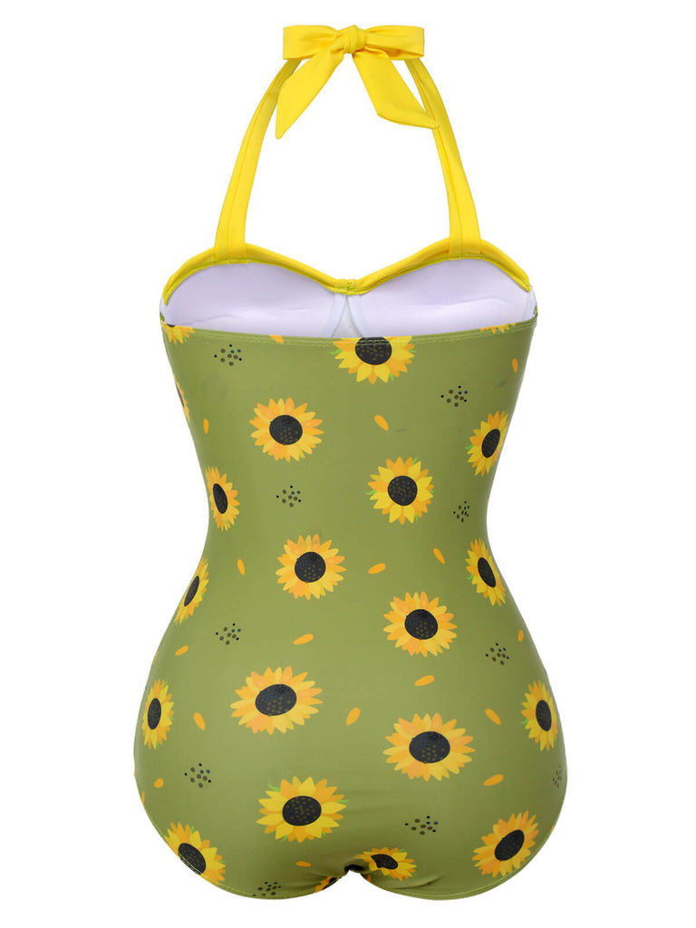 Grün 1930er Sonnenblumen Halter Badeanzug