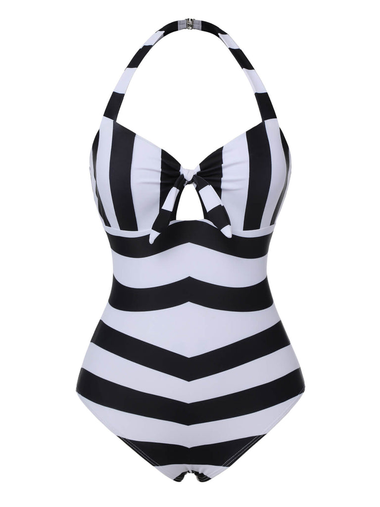 Schwarz & Weiß 1950er Barbie Stripes Halter Badeanzug
