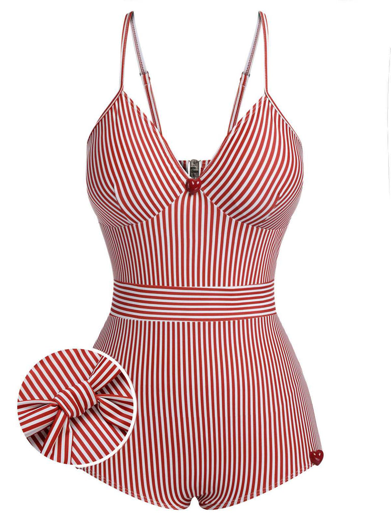 Rot 1940er Streifen Spaghetti Träger Einteiliger Badeanzug
