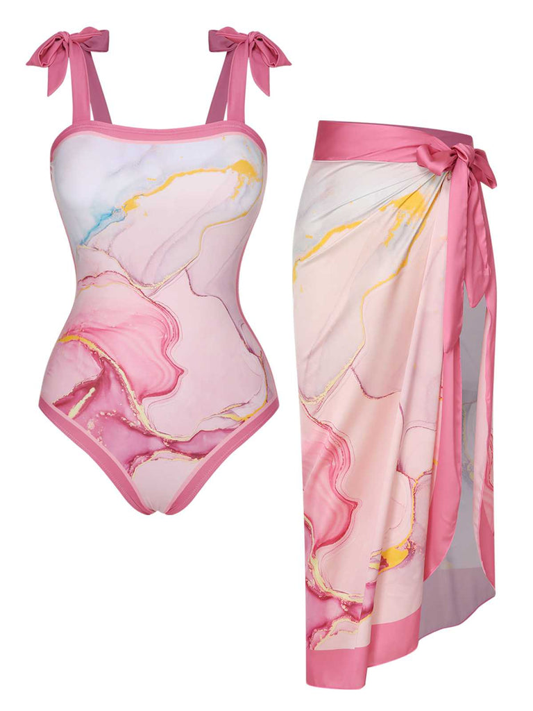 2PCS 1950er Rosa Print Badeanzug & Cover-Up