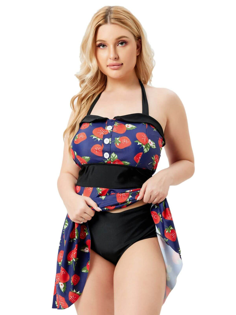 [Übergröße] Multicolor 1930er Farbblockierte Erdbeere Halter Badeanzug