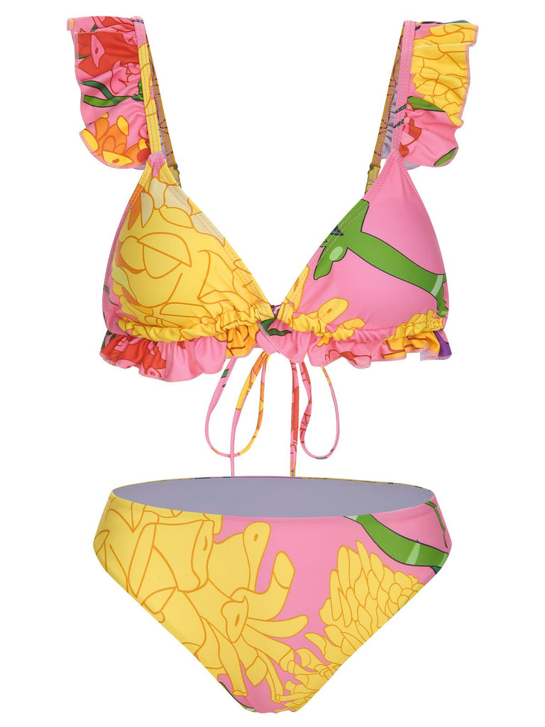 3PCS 1950er Rosa Blumen Badeanzug Set