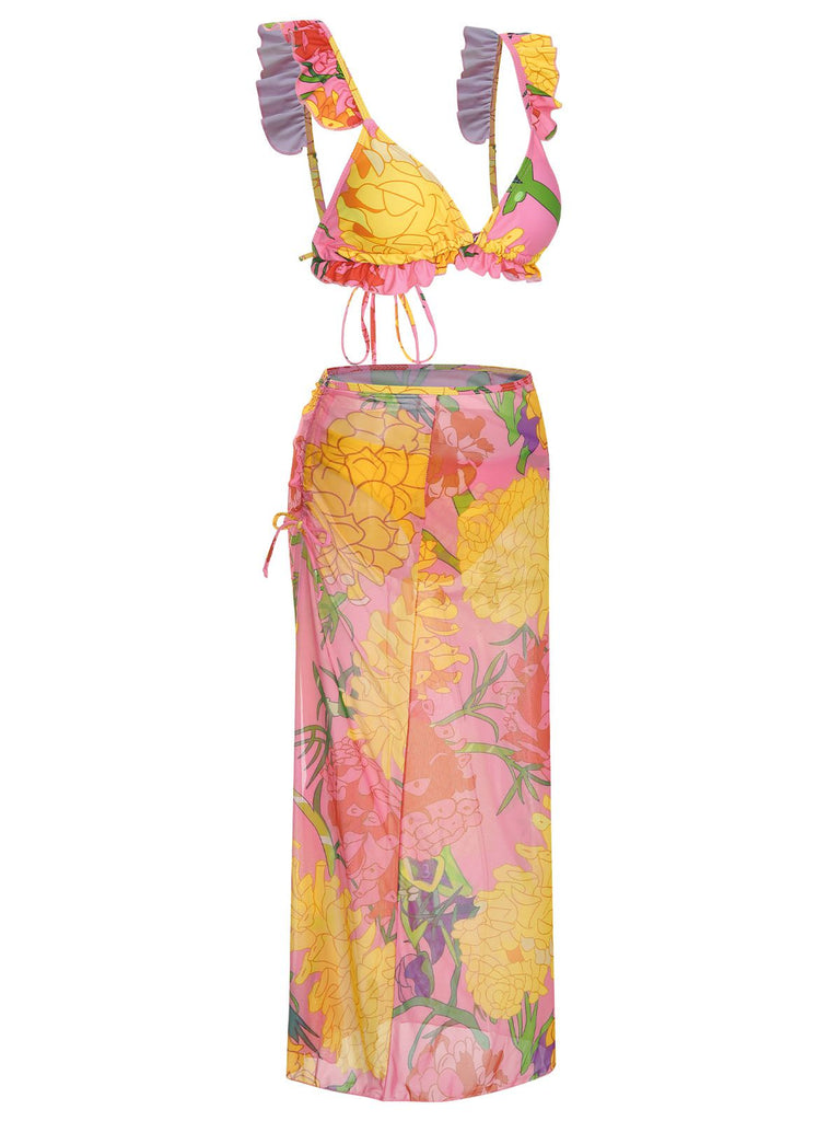 3PCS 1950er Rosa Blumen Badeanzug Set