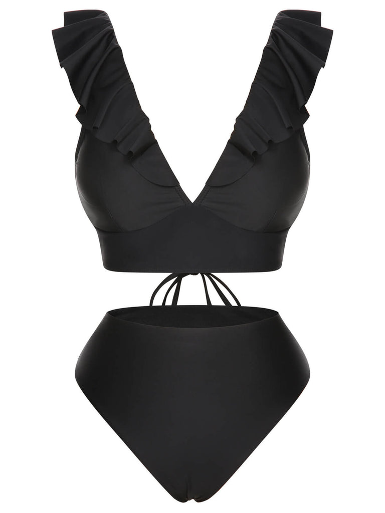 1950er Solide Rüschen V-Ausschnitt Badeanzug