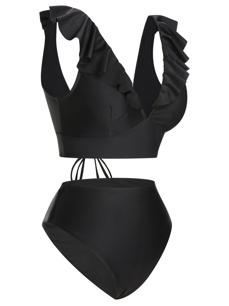 1950er Solide Rüschen V-Ausschnitt Badeanzug