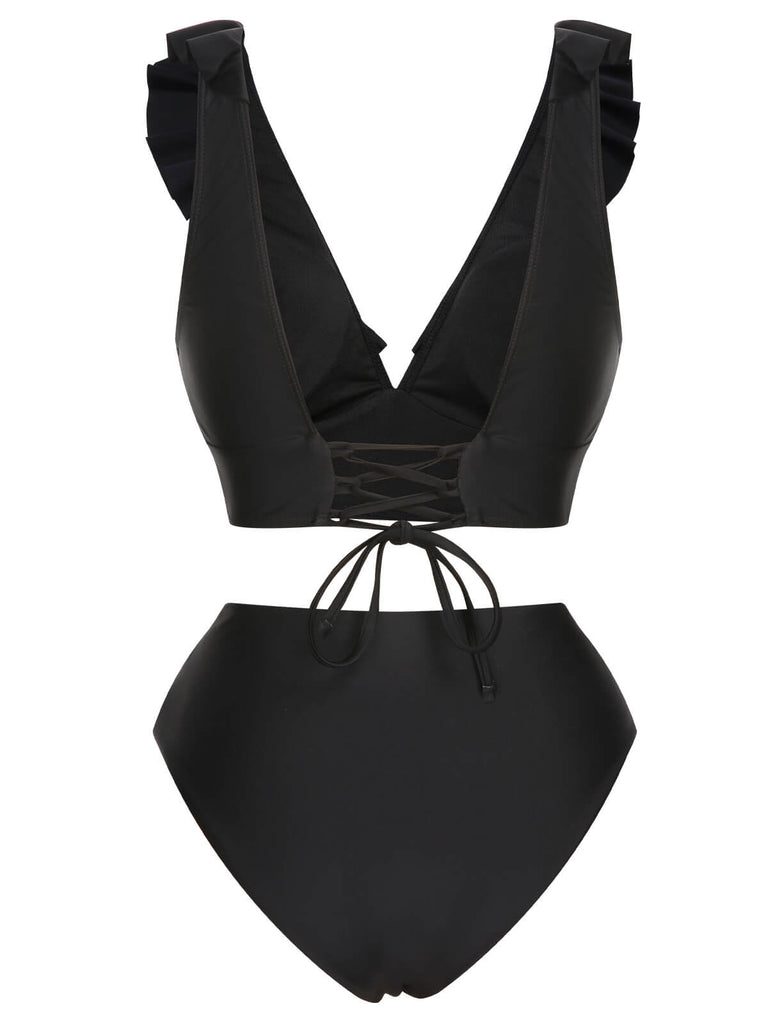 1950er Solide Rüschen V-Ausschnitt Badeanzug