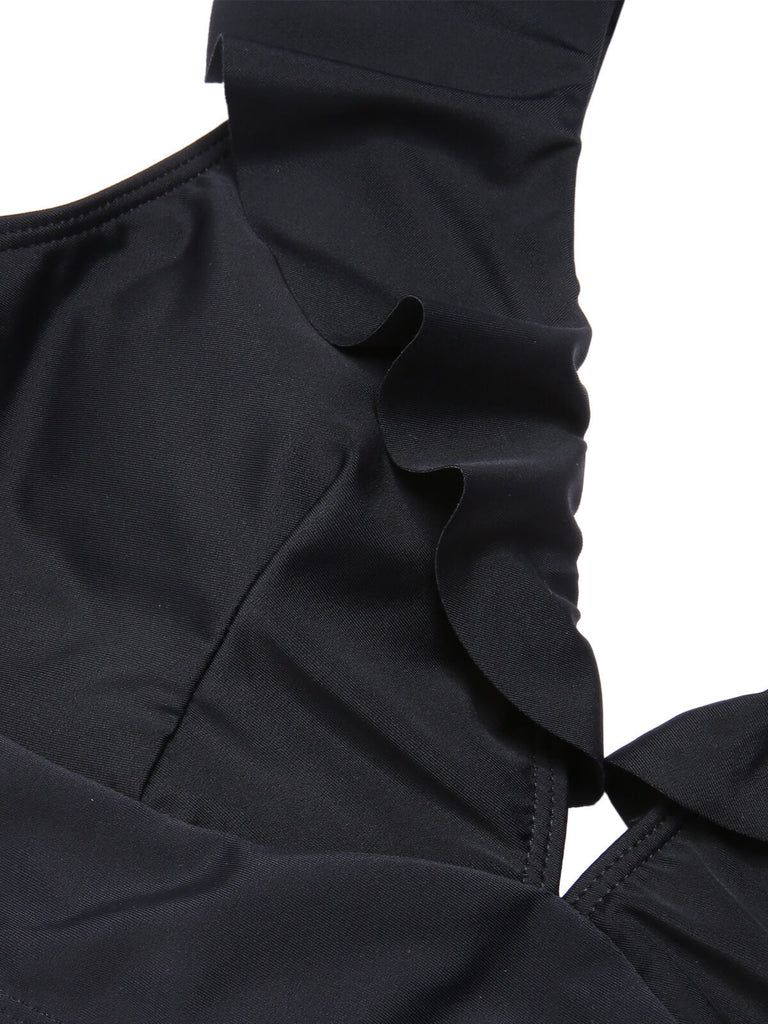 1950er Solide Rüschen V-Ausschnitt Badeanzug