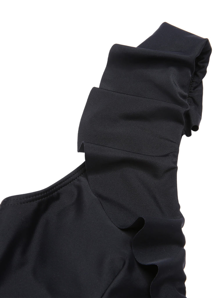 1950er Solide Rüschen V-Ausschnitt Badeanzug