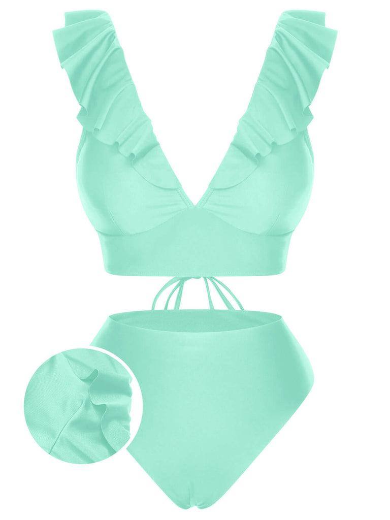 1950er Solide Rüschen V-Ausschnitt Badeanzug