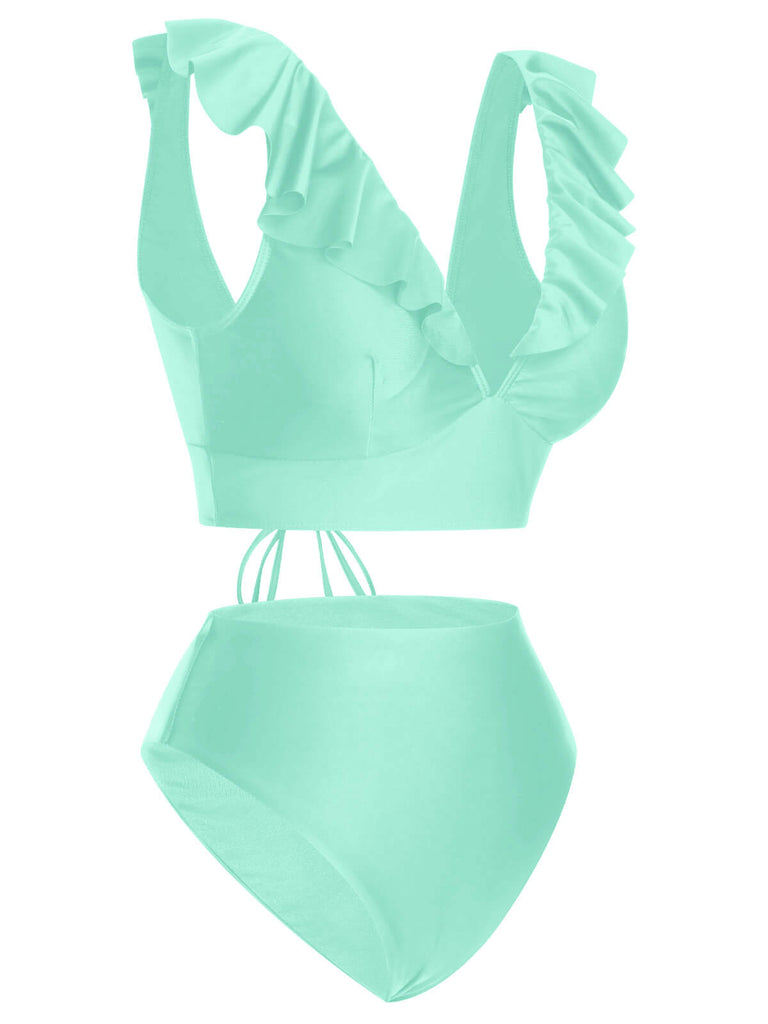 1950er Solide Rüschen V-Ausschnitt Badeanzug